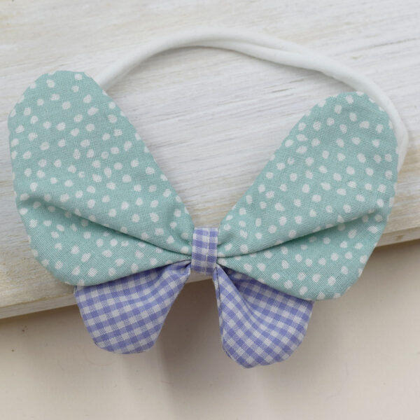 Κορδέλα μαλλιών με φιόγκο Πεταλούδα – Mint Polka Βεραμάν πουά - Λιλά καρώ