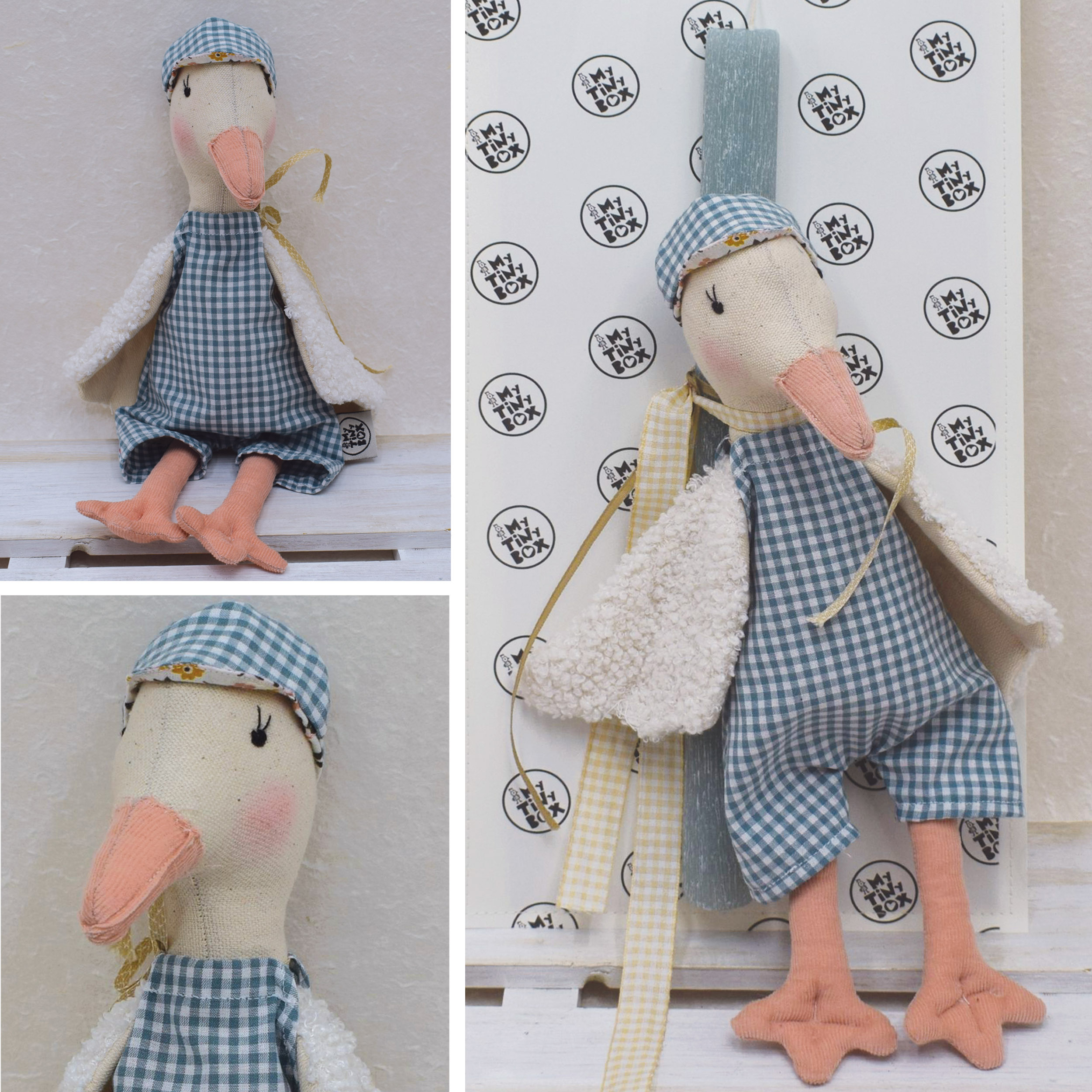 pasxalini-lampada-papaki-agori Πασχαλινή Λαμπάδα Χειροποίητη Άσπρο Παπάκι με Σαλοπέτα Καρώ